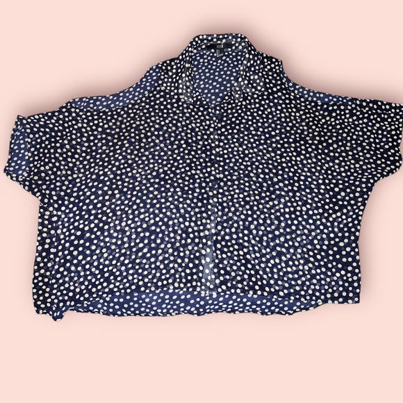 Navy Open Shoulder Button Down Blouse w/ Cream Polkadots - Picture 7 of 12